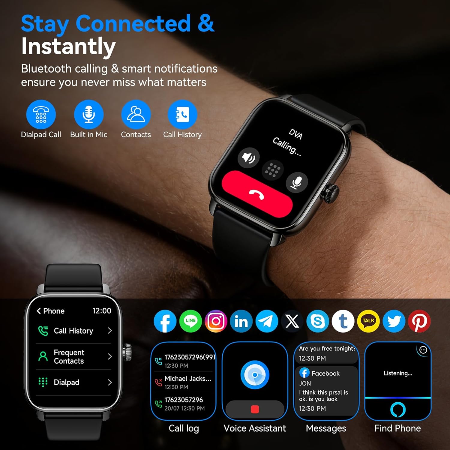 Smart Watches for Men Women with Alexa Built-in, Bluetooth Call, 1.85" HD Touchscreen, 120+ Sport Modes, IP68 Waterproof, 7-Day Battery, 24/7 Heart Rate & Sleep Monitor for Android iPhone (Black) - Image 2