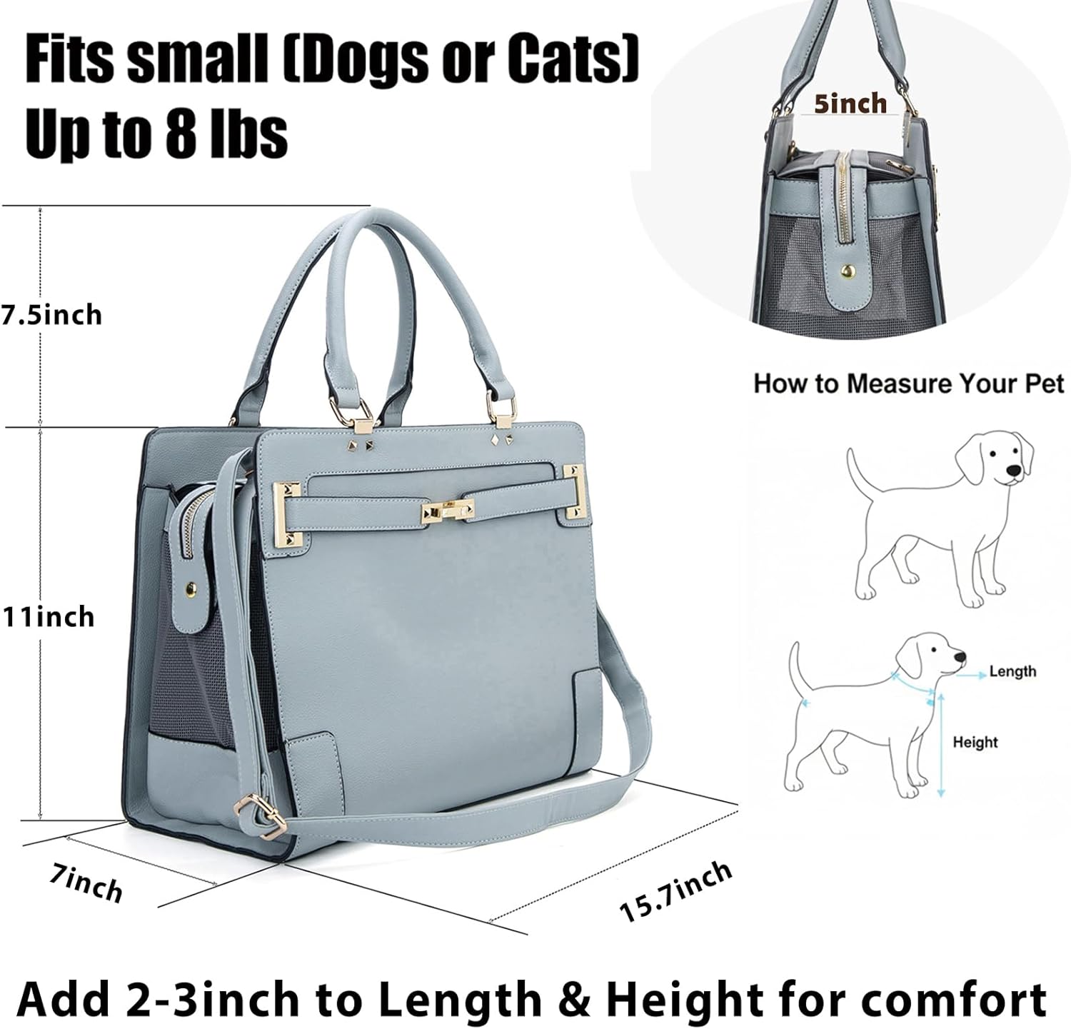 Fashion Pet Carrier Dog Cat Carrier Purse Soft-Sided Leather Handbag Pet Tote Bag for Small Dogs Puppy and Cats TSA Airline Approved (Grey) - Image 3