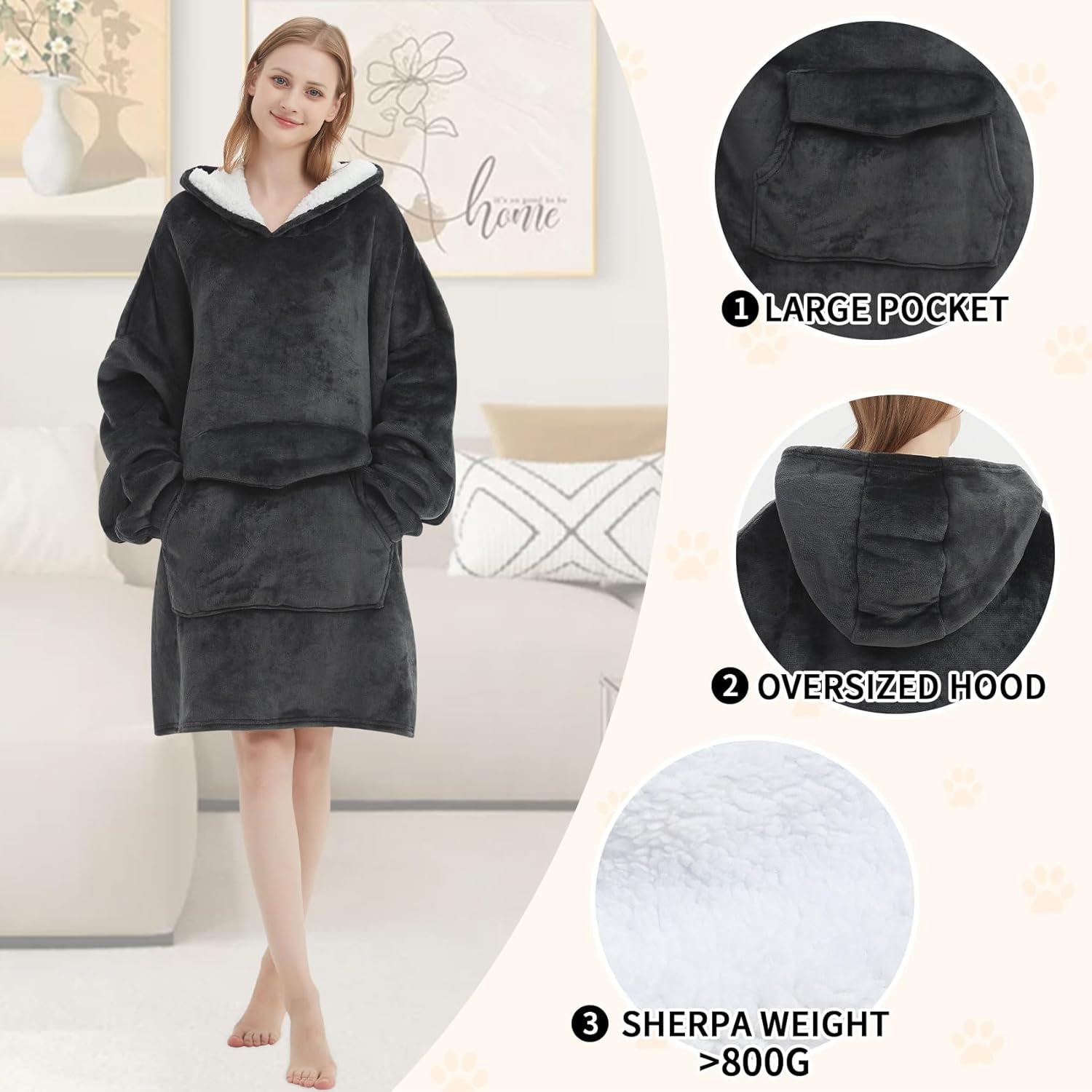 Mewkou Wearable Blanket Hoodie for Adult,Oversized Sherpa Fleece Blanket Hoodie for Women Men,Grey - Image 3