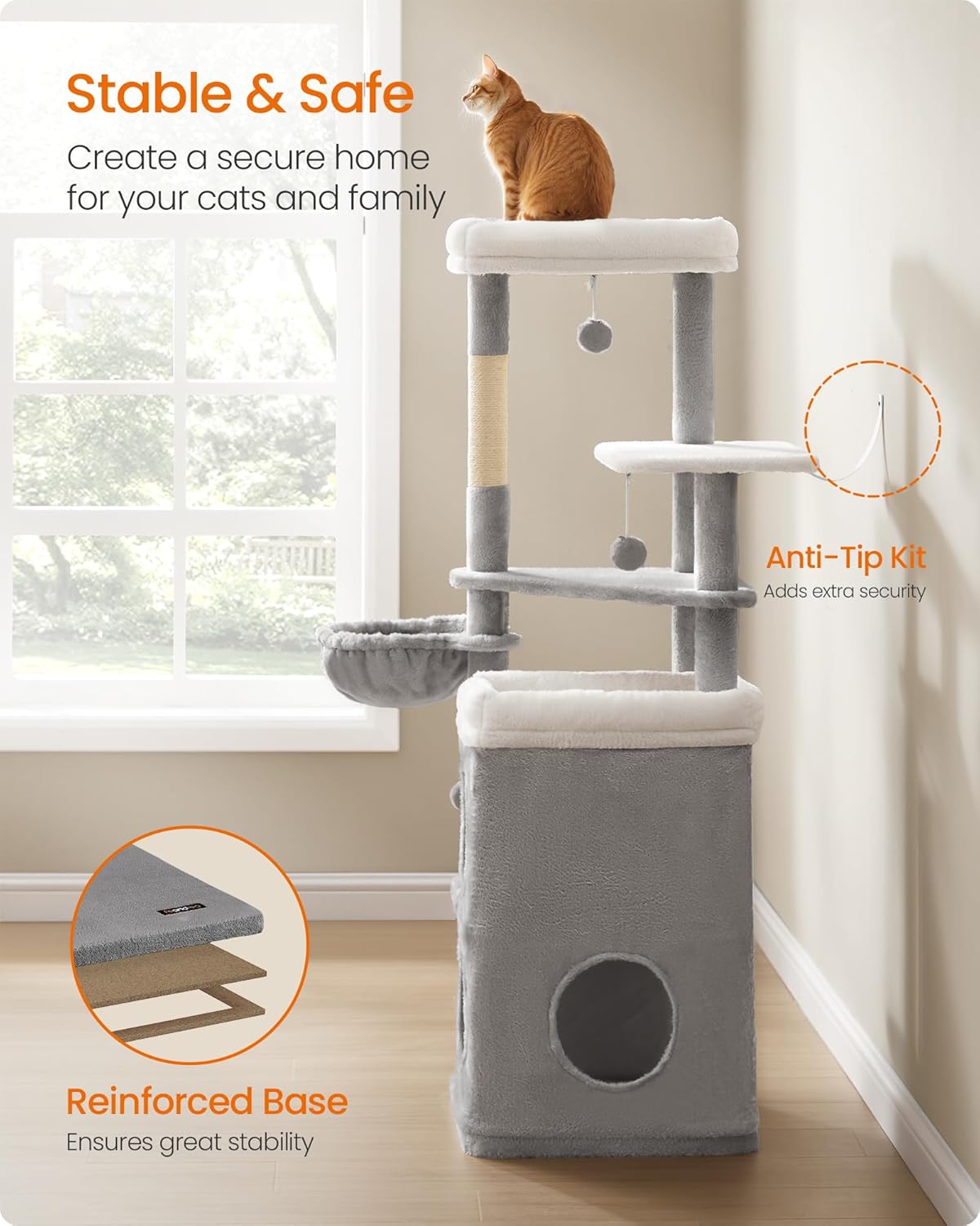 Feandrea Cat Tree, 60-Inch Cat Tower, Multiple-Level Plush Condo with 2 Caves, 3 Scratching Posts, 3 Perches, Dove Gray UPCT007G01 - Image 7