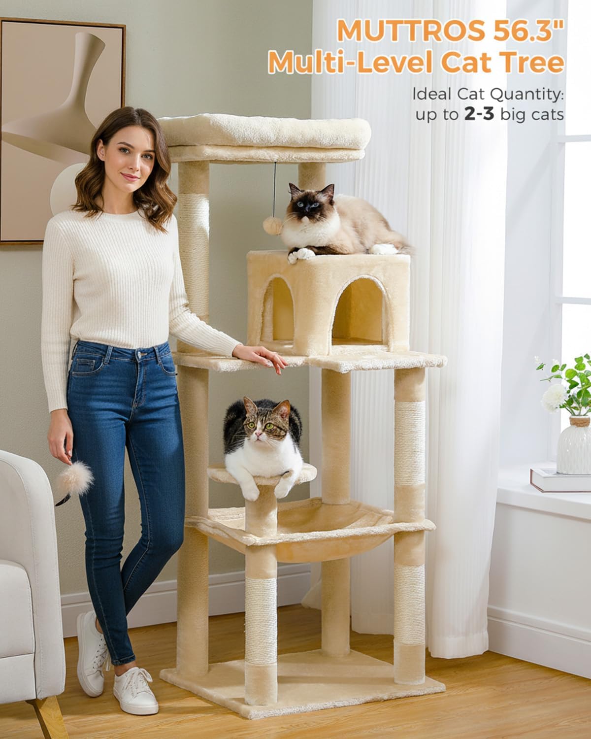 MUTTROS Cat Tree for Large Cats Adult with Metal Plush Big Hammock, 56.3" Cat Tower with 2 Door Condo House, 6-Tier Cat Shelves with Scratching Posts and Large Top Perch, Beige - Image 5