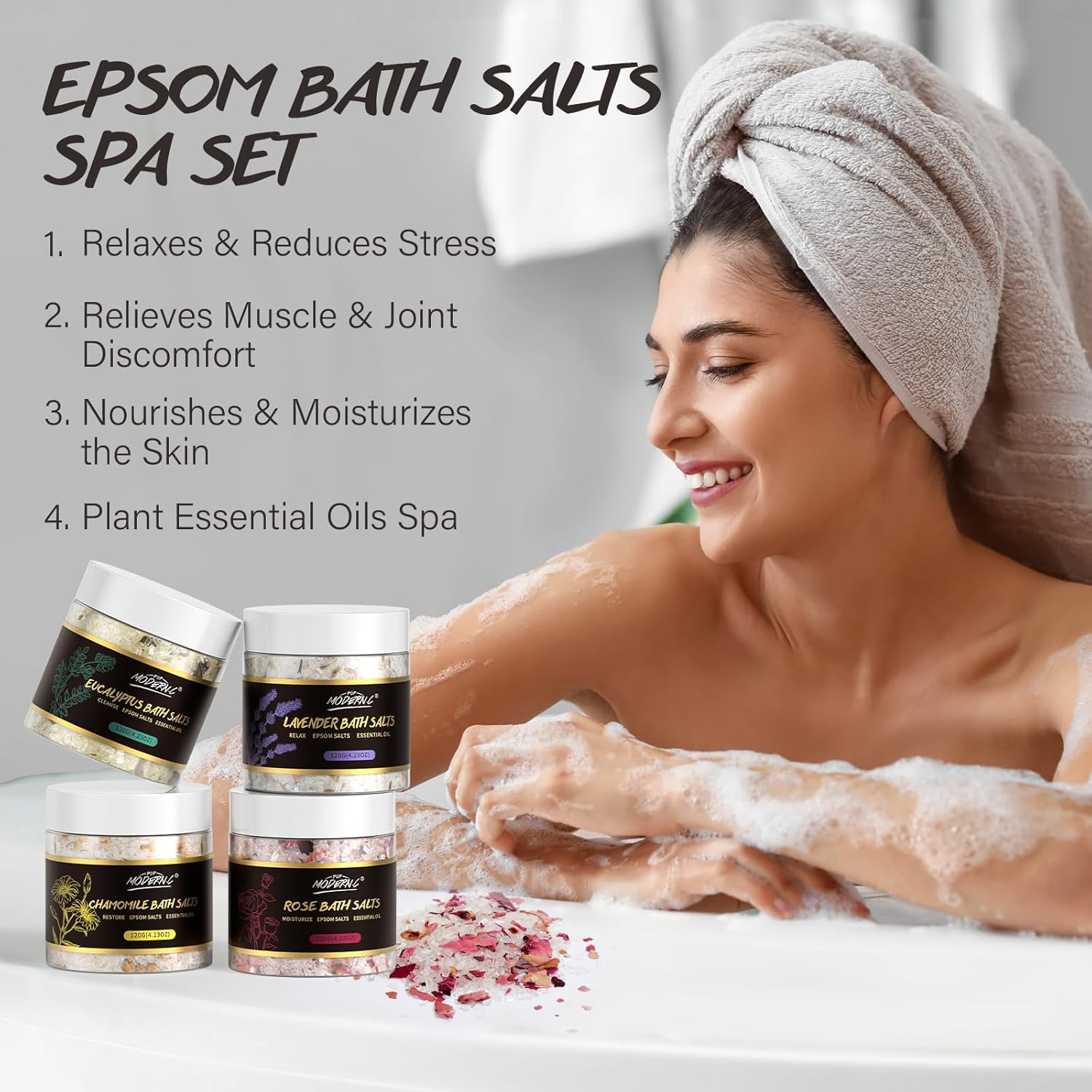 Epsom Bath Salts Gift Set for Soaking 4pcs Bath Salts with Essential Oils for Women Relaxing Lavender Eucalyptus Rose Chamomile Bath Set for Women Luxury Spa Birthday Mother's Day Christmas Gift - Image 2