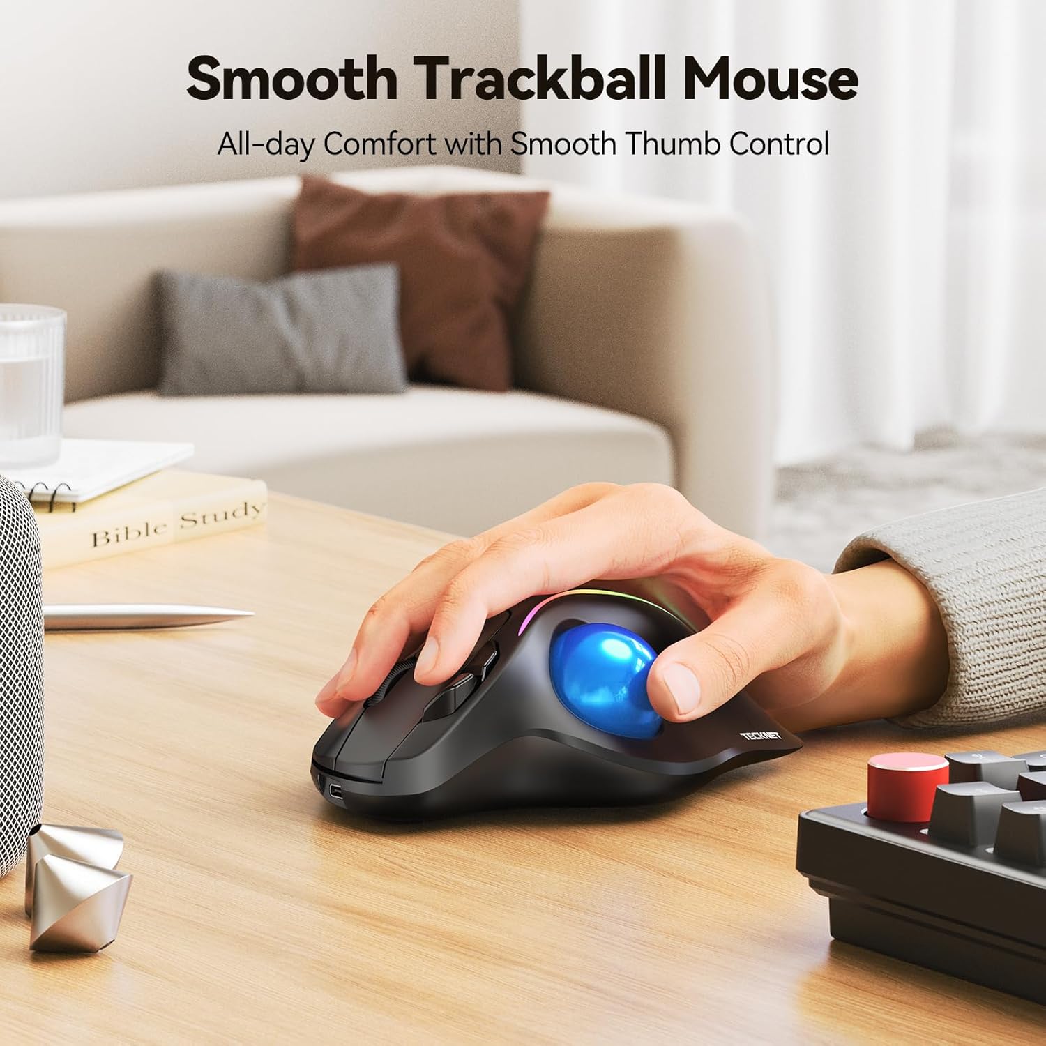 TECKNET Pro Wireless Trackball Mouse, Bluetooth Mouse with Ergonomic Thumb Control, USB-C Rechargeable, RGB Light Mice with Adjustable DPI, 3-Device Connectivity (BT or 2.4G),for PC/Mac/Laptop - Black - Image 2