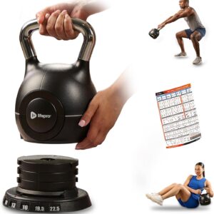 LifePro 7-in-1 Adjustable Kettlebell – PowerStone, Die-Cast Aluminum & Steel, Space-Saving Set with Handle-Twist Adjustment – Strength Training Kettlebell with Storage Base
