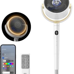 DREO Smart Fan for Bedroom, 120° +120° Omni-Directional Oscillating Fans, 100ft Quiet Pedestal Fan with RGB Light, 9 Speeds, 6 Modes, 20dB, 8H Timer, Wi-Fi/Voice/Alexa, 35-40″ Floor Fans with Remote