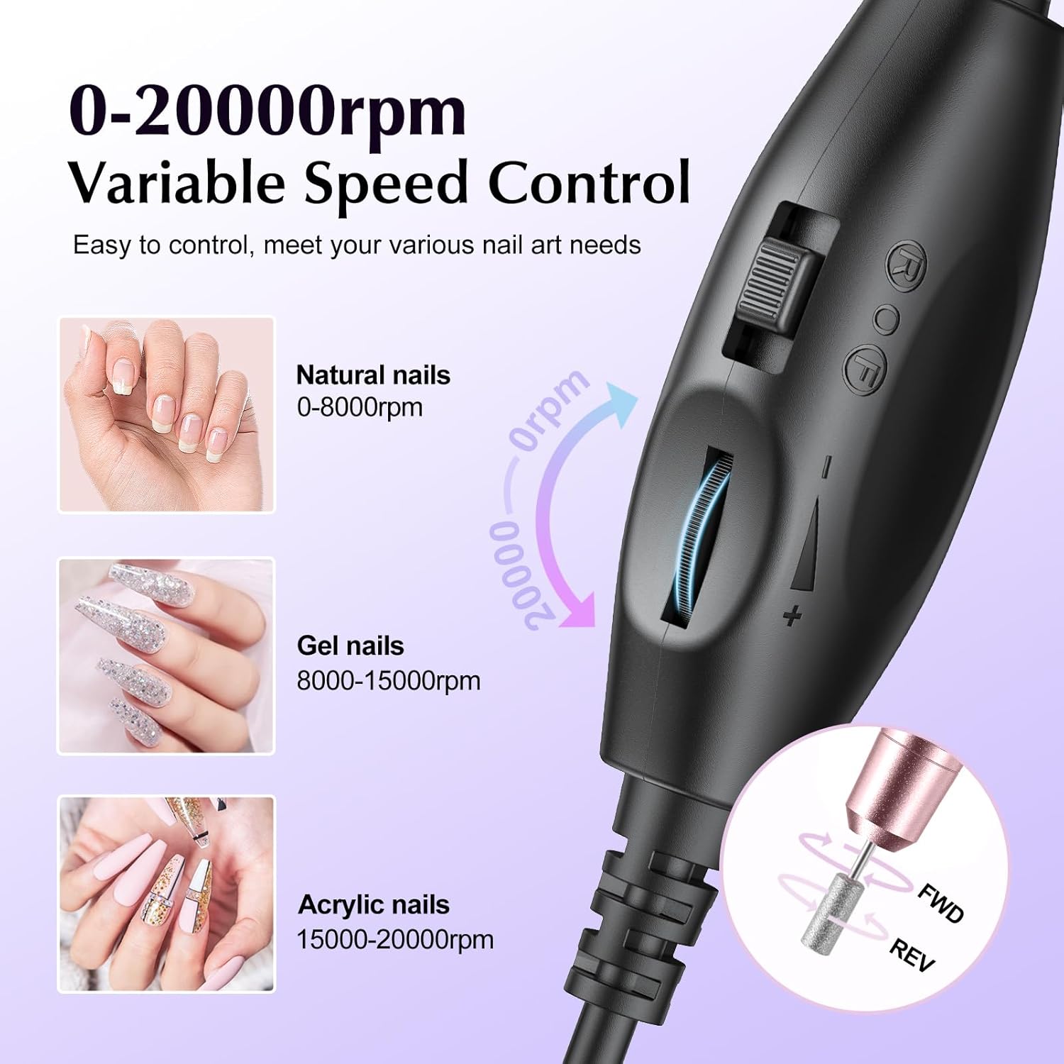COSLUS C40 Electric Nail Drill File Professional: for Acrylic Gel Dip Powder Nails Portable Nail Machine Kit Manicure Pedicure Tools Polishing Set with Nail Drill Bits Sanding Bands - Image 8