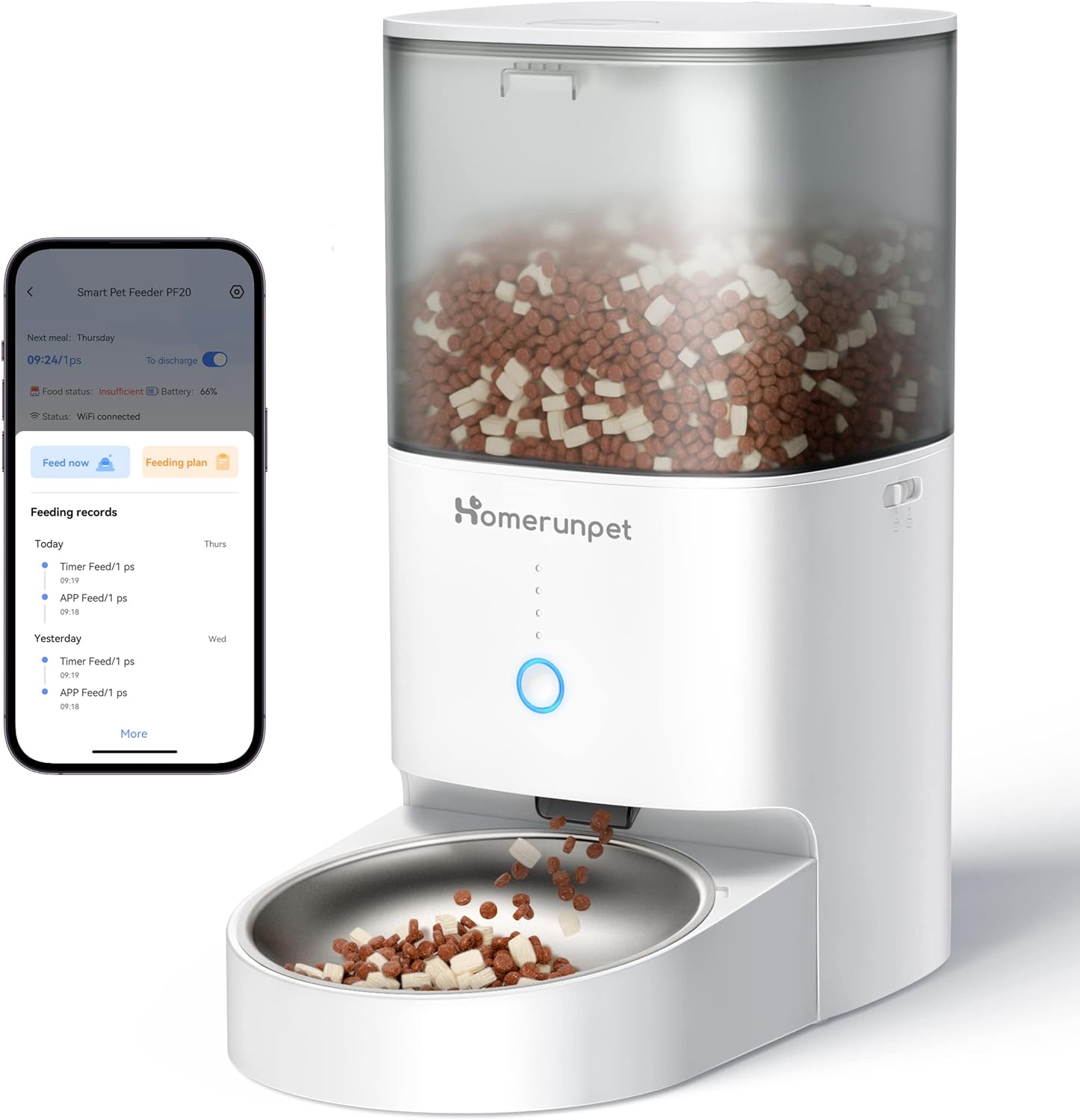 Homerunpet Automatic Cat Feeder - 4L Timed Pet Feeder, No Jam Freeze Dried Safe, WiFi & Bluetooth App Control, 30-Day Freshness for Cats and Small Dogs (Stainless Steel Bowl)