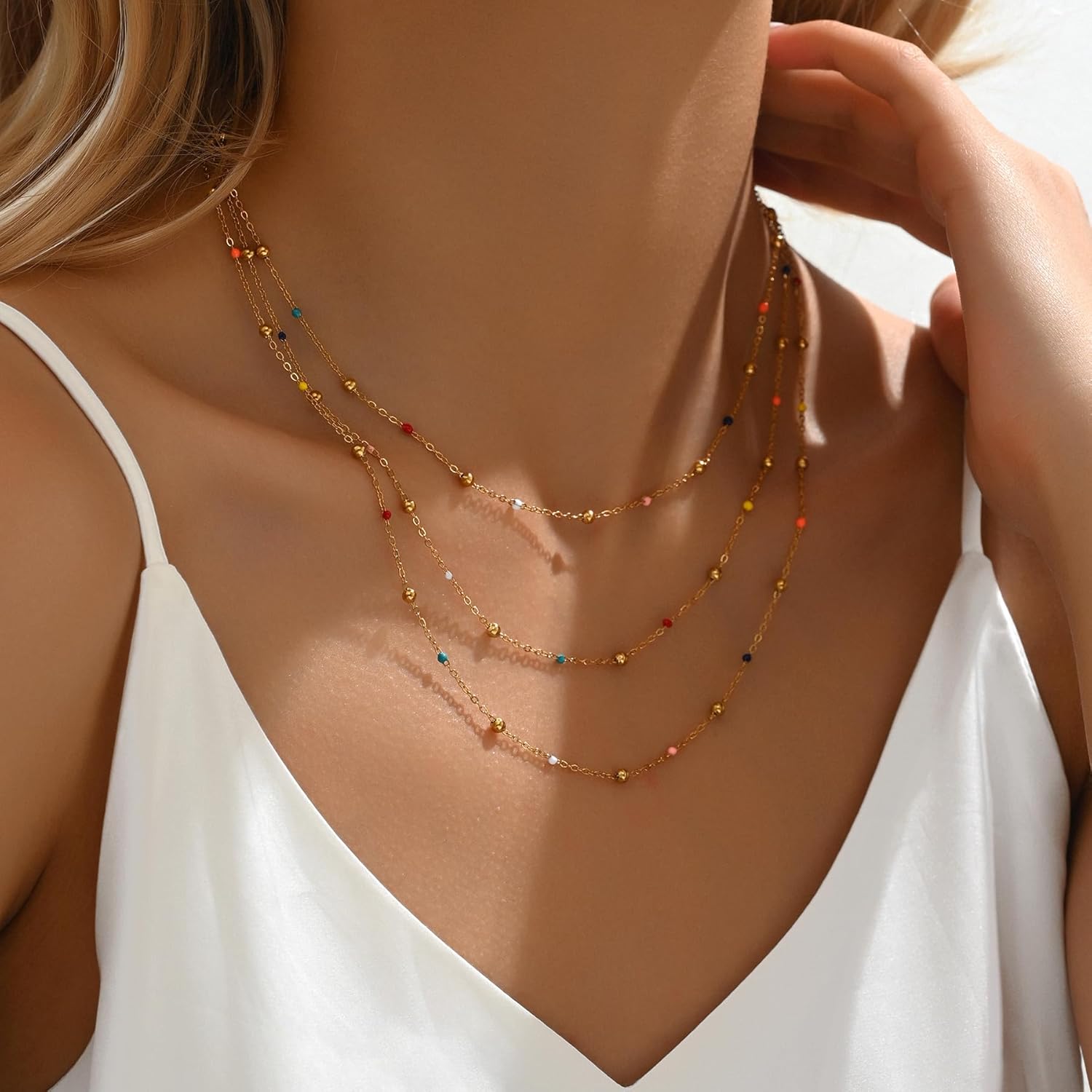 NONAMOIS Gold Chain Necklace for Women Dainty 18K Gold Plated Thin Satellite Beaded Turquoise Necklace Simple Layered Boho Jewelry Christmas Gifts - Image 2