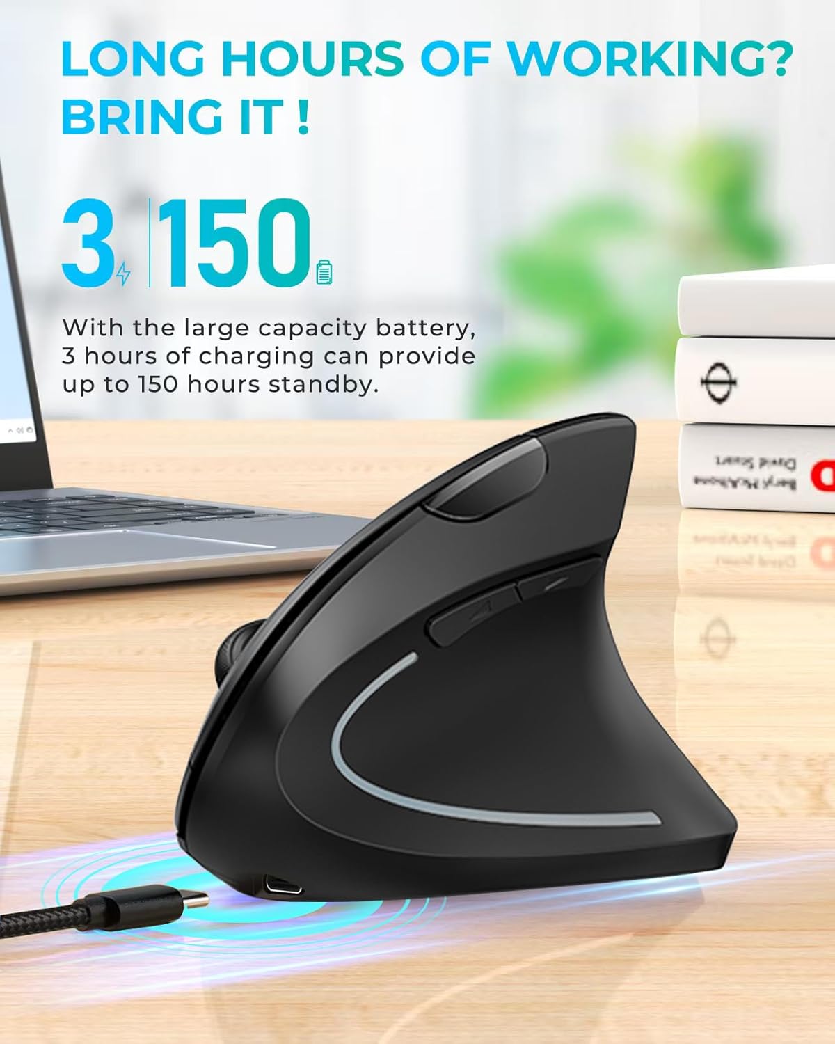 Lekvey Ergonomic Mouse, Vertical Wireless Mouse: Rechargeable Optical Carpal Tunnel Mice with 2.4G USB Receiver, 1000/1200/1600 DPI, 6 Buttons, for Laptop, Computer, Mac, PC, Desktop, Notebook, Black - Image 4