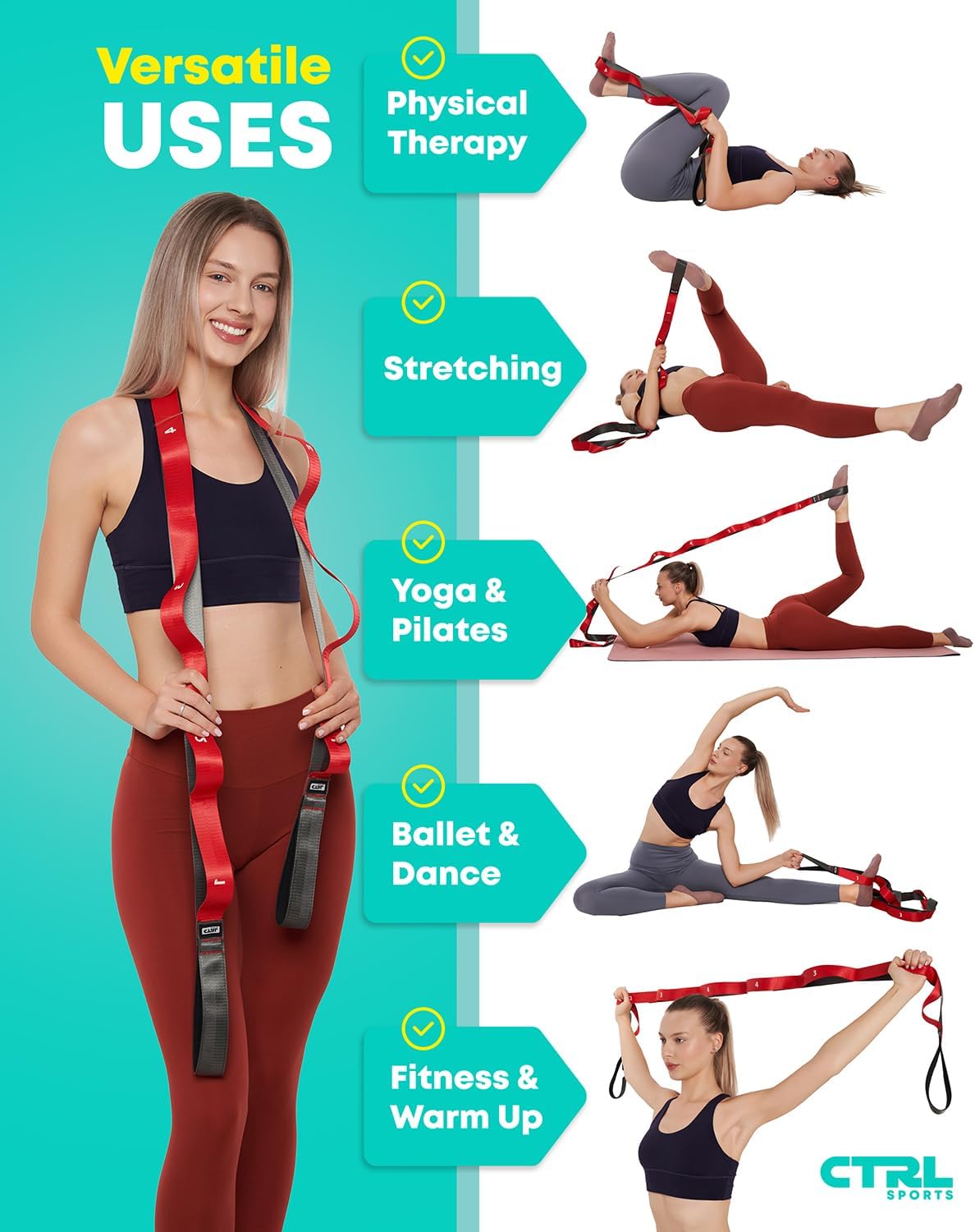 Stretching Strap with Loops - Non Elastic Stretch Band for Physical Therapy, Yoga Strap for Stretching Equipment, Stretch Bands for Exercise and Flexibility - Fascia, Hamstring & Leg Stretcher Belt - Image 5