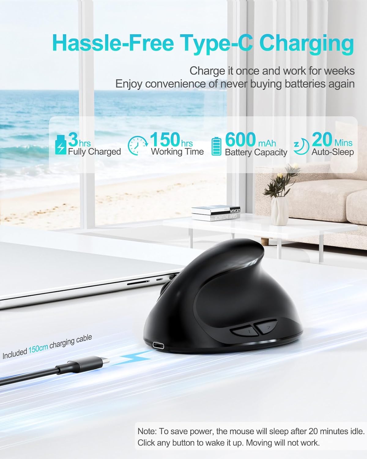 Lekvey Ergonomic Mouse, Vertical Wireless Mouse for Small/Medium Hands, Rechargeable with USB Receiver, 3 DPI for Comfort, Relieves Wrist Pain, Carpal Tunnel Mouse for Laptop, PC, Computer, Mac, Black - Image 6
