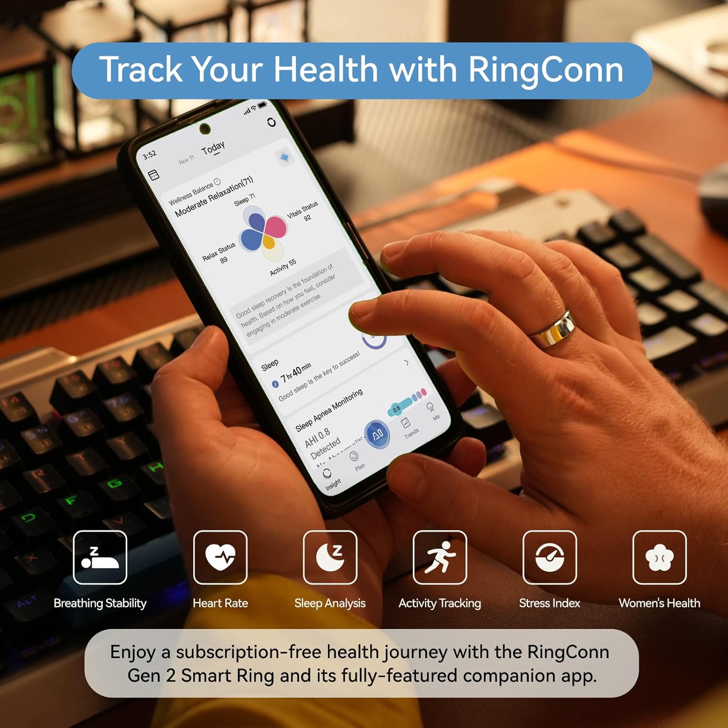 RingConn Gen 2, World’s First Smart Ring with Sleep Apnea Monitoring, No APP Subscription, 12-Day Battery Life, Stress/Heart Rate/Women's Health Tracker, Android & iOS Compatible (Silver, Size 8) - Image 3
