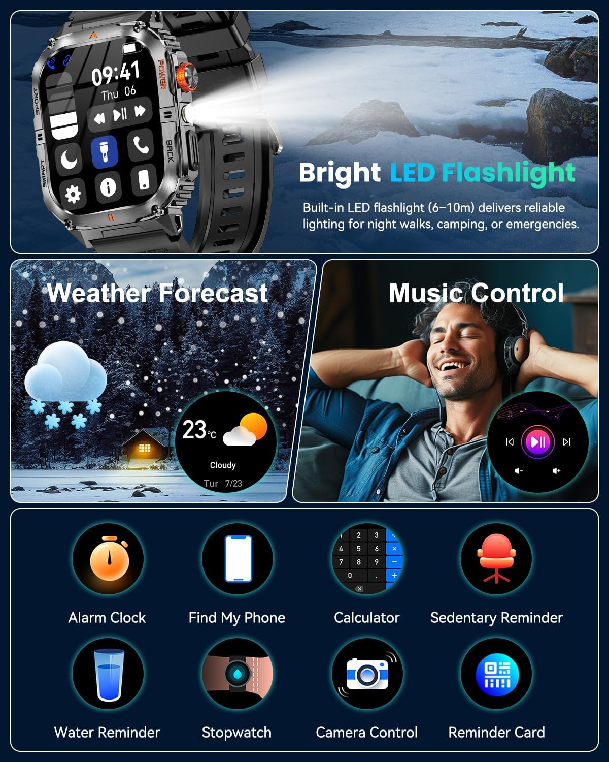 2.0" Large Screen Military Smart Watch for Men, 1200mAh Battery, 100+ Days Battery, Bluetooth Calls, LED Flashlight, IP68 Waterproof, 110+ Sports Modes, Heart Rate/SpO₂/Sleep Monitor for Android & iOS - Image 7