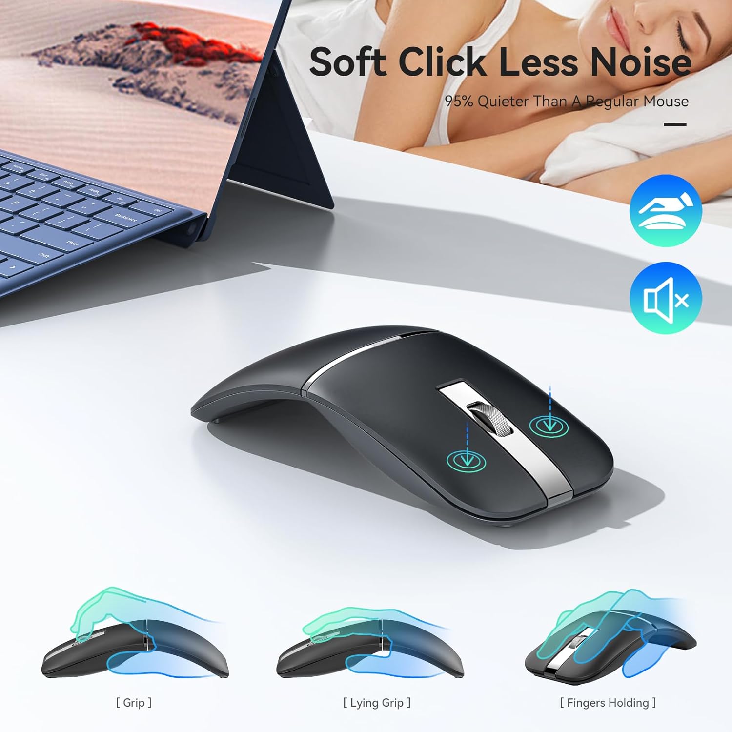 Bluetooth Wireless Arc Travel Mouse, Dual Model (2.4G+BT5.1) Rotating Foldable Mouse for Microsoft, Rechargeable Slim Portable Mice for Laptop, Notebook, PC, MacBook, Chromebook, Lenovo - Black - Image 4