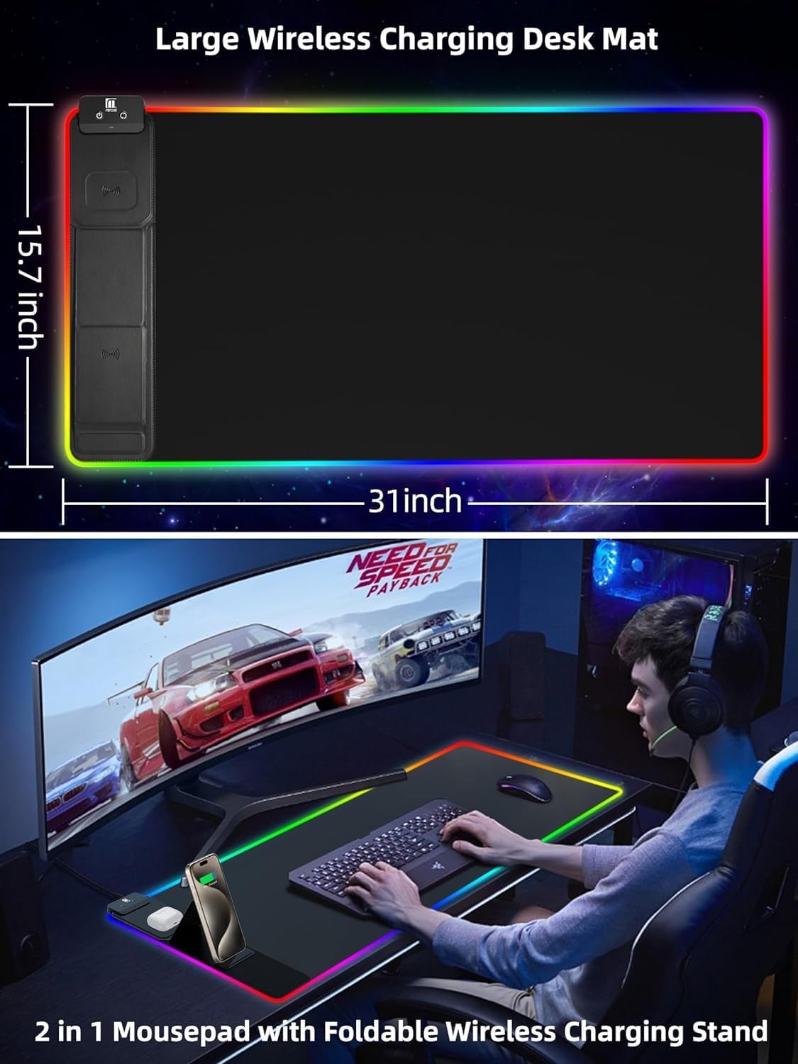 XXL Mouse Pad with Phone Holder - Black, RGB Desk Mat with 15W Fast Charging, LED Gaming Mousepad with 11 Light Colors, Waterproof Non-Slip Pad for Office & Home - Image 5
