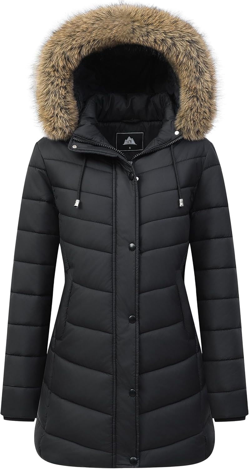 Women's Long Winter Puffer Coat Warm Thicken Fleece Lined Down Jacket Waterproof Detachable Hooded Parka