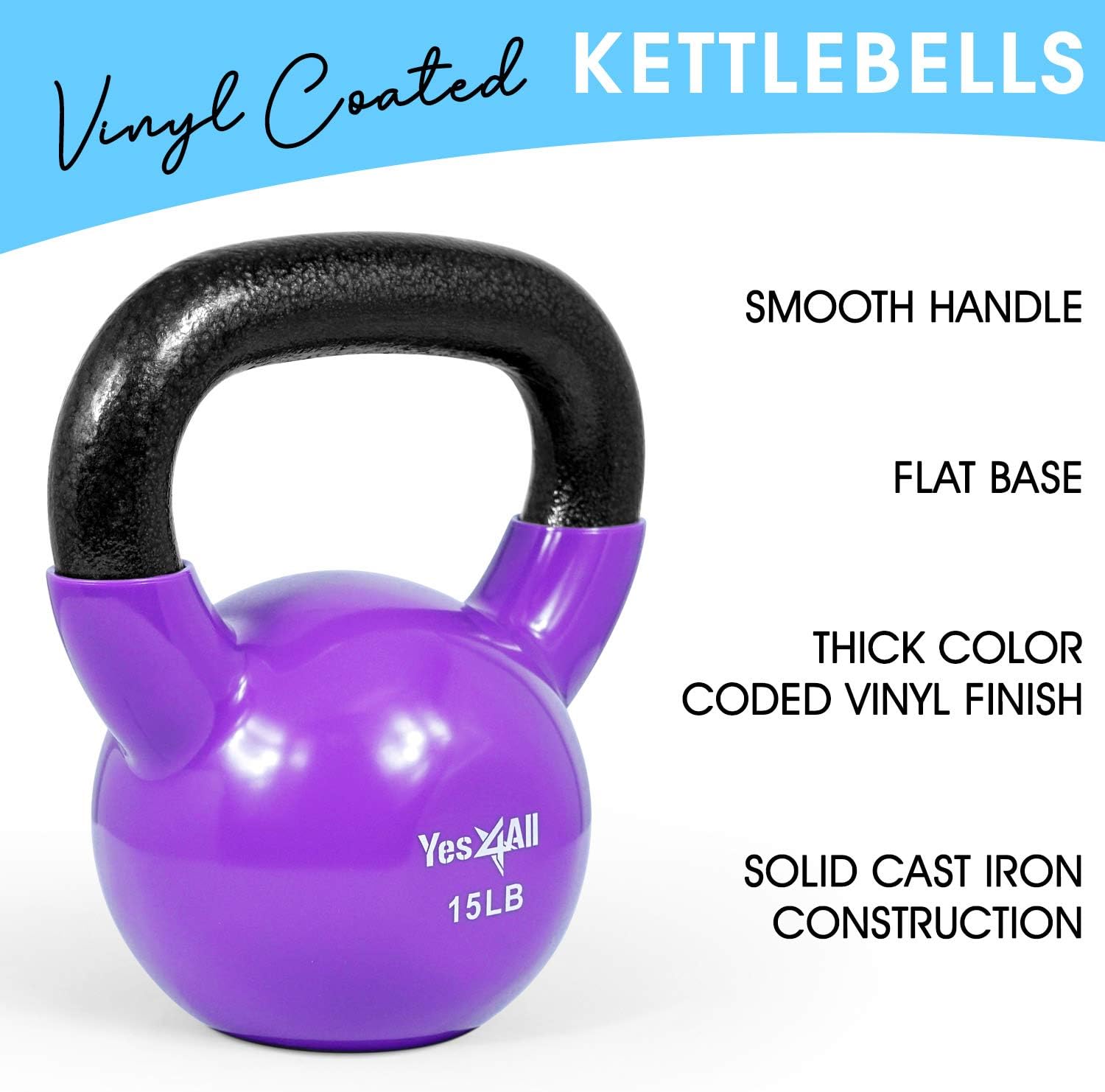 Yes4All Kettlebell, Vinyl Coated Kettlebell Cast Iron Sets with Stable Flat Bottom for Full Body Workout, Push up, Grip Strength Training & Weights Exercises - Image 3