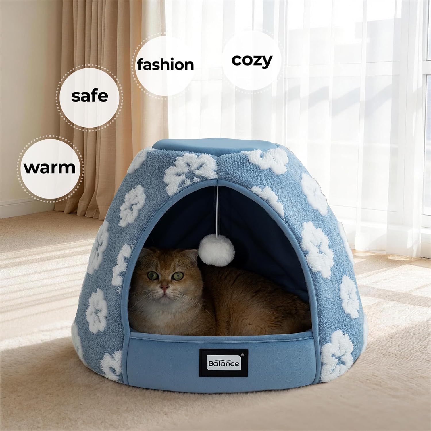 BALANCE Cat Beds for Indoor Cats, 2-in-1 Cat Bed Cave with Anti-Slip Bottom and Ultra-Soft Plush, Cozy Cats House Tent for Kittens and Small Dogs, 19 Inches, Blue - Image 8