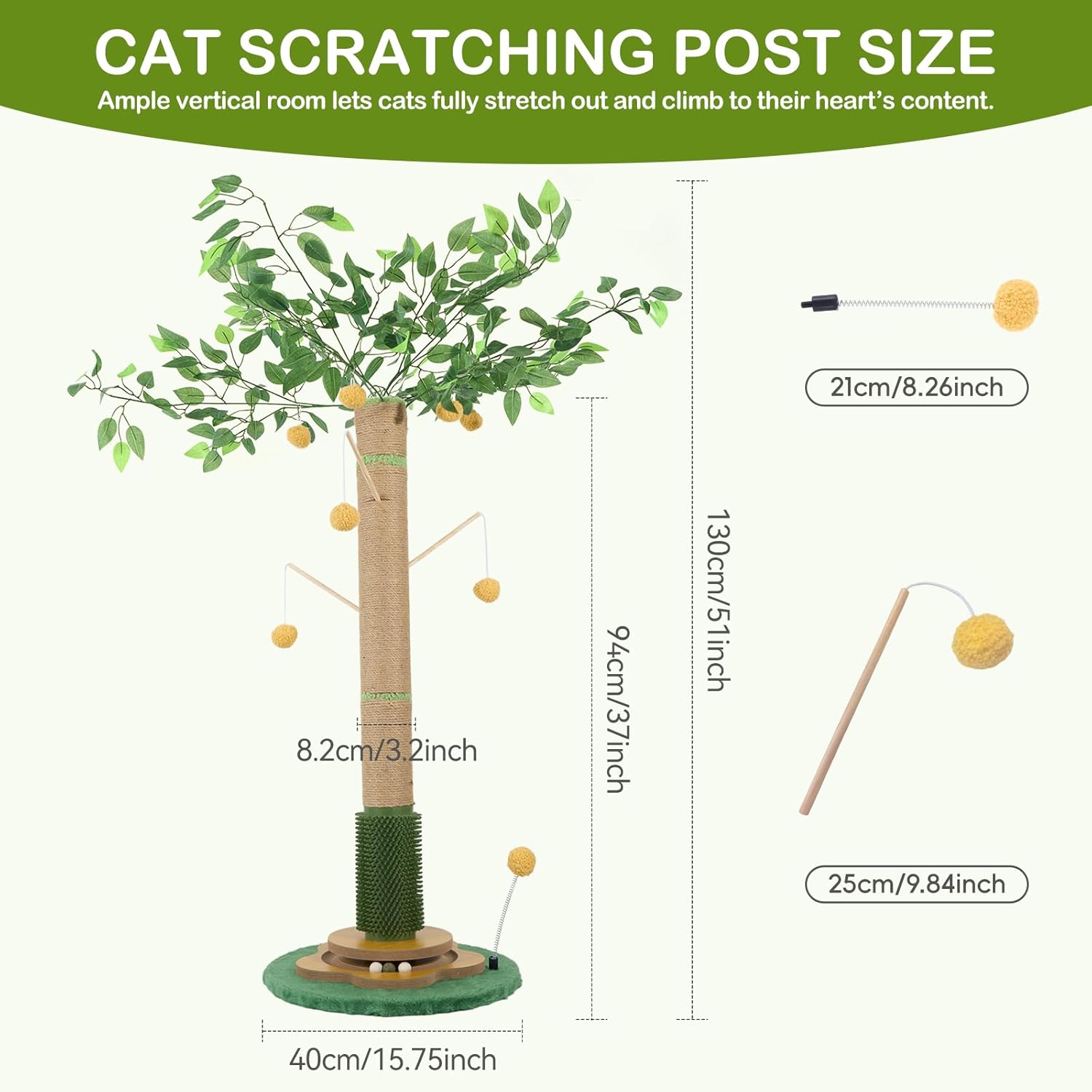 Tall Cat Scratching Post 51 Inch, Cat Scratching Post for Indoor Cats Adults, Sisal Cat Scratcher with Heavy Duty Stable Base & Hanging Toys & Self Grooming Brush for Kittens Medium Large Cats - Image 3