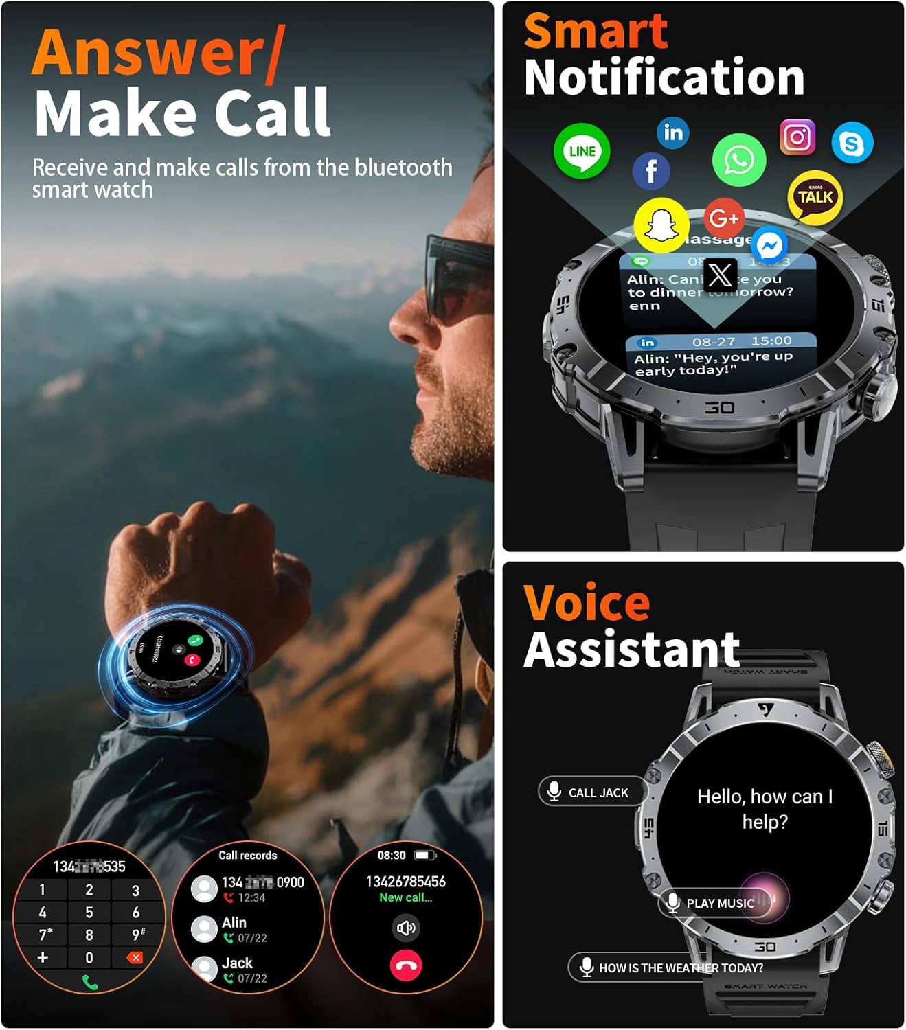 Military Smart Watch for Men(3 Bands),1000mAh /1.7" HD Large Display Smart Watches with LED Flashlight for Android iOS (Call Answer/Calls)Fitness Tracker with Heart Rate/Sleep Tracking/IP68 Waterproof - Image 3