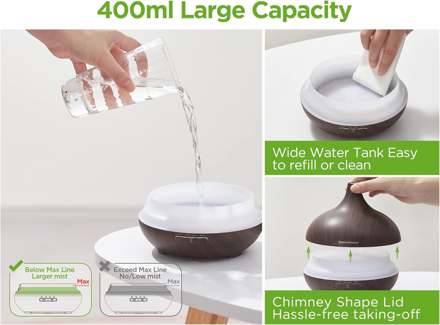InnoGear Aromatherapy Diffuser & 10 Essential Oils Set, 400ml Diffuser Ultrasonic Diffusers for Home Cool Mist Humidifier with 4 Timers 7 Colors Light Waterless Auto Off, Dark Wood Grain - Image 9