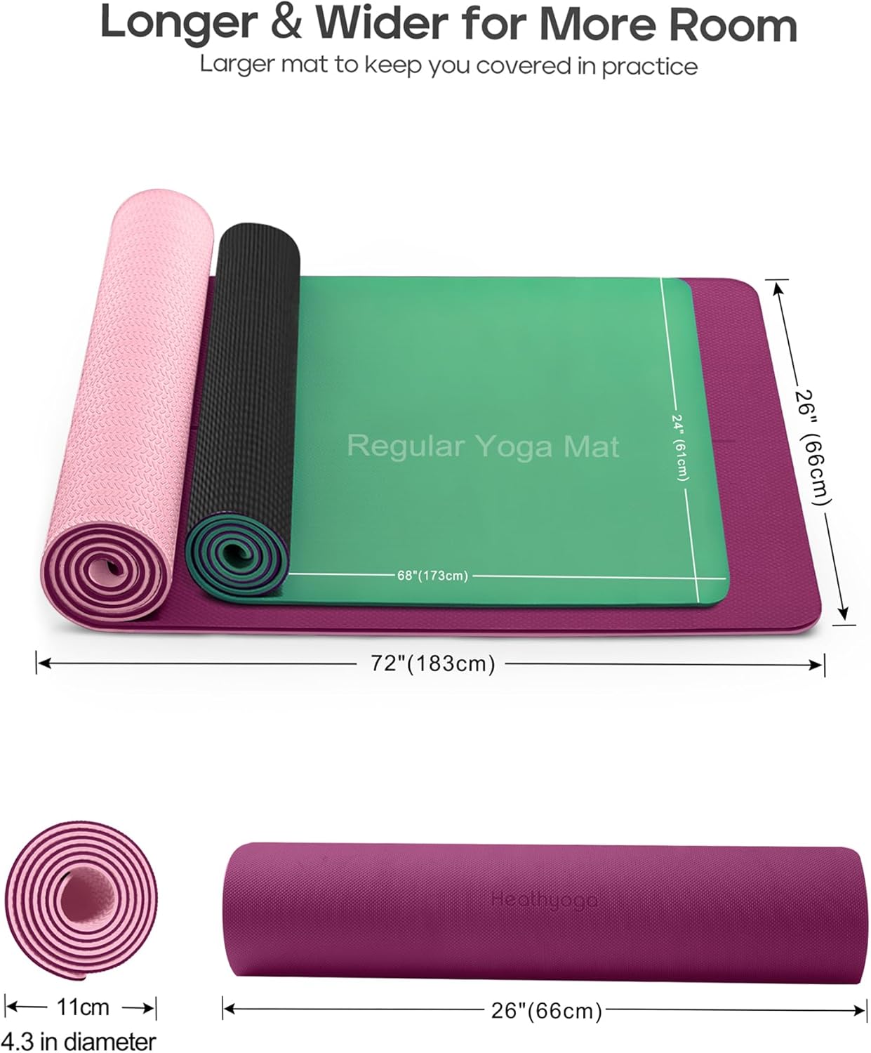 Heathyoga Yoga Mat Non Slip TPE Pilates Exercise Mats for Home Workout Gym Fitness Eco Friendly Thick Hot Yoga Mat with Strap Body Alignment,72"x 26" Thickness 1/4" - Image 5