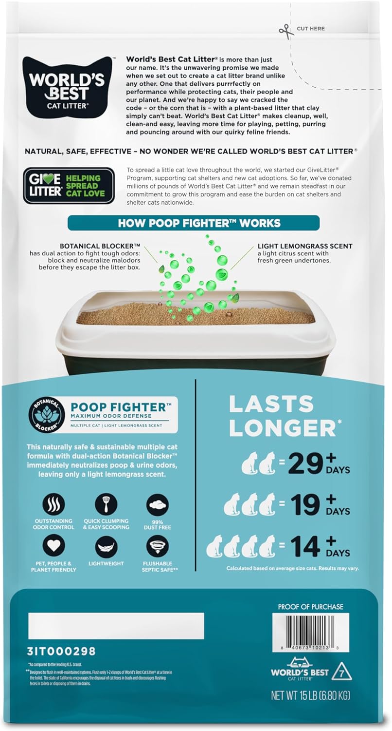 WORLD'S BEST CAT LITTER Poop Fighter Maximum Odor Defense, 15-Pounds - Natural Ingredients, Quick Clumping, Flushable, 99% Dust Free & Made in USA - Long-Lasting Odor Control & Easy Scooping - Image 2