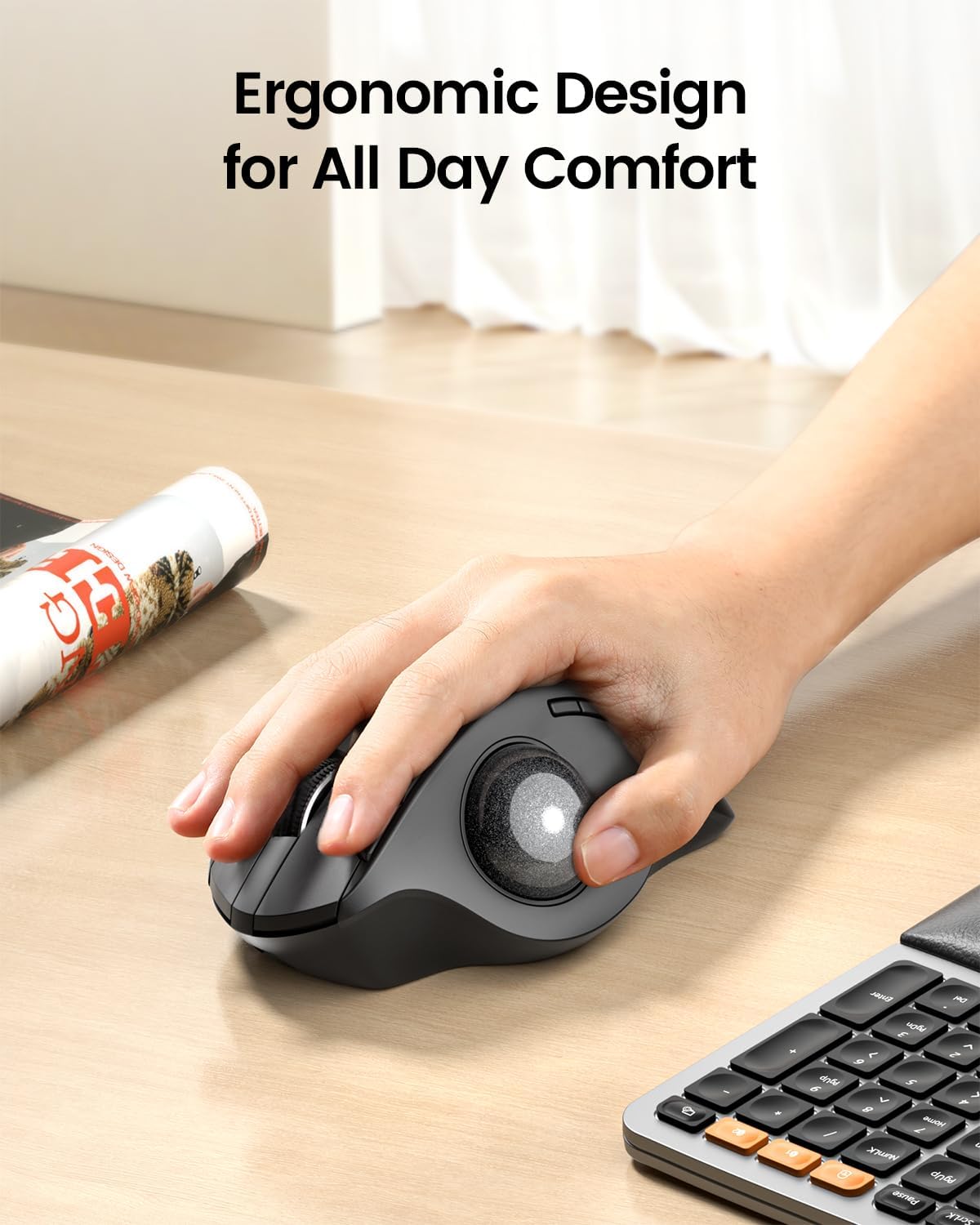 ProtoArc Wireless Trackball Mouse, EM01 NL Ergonomic Bluetooth Rollerball Thumb Rechargeable Computer Laptop Mouse, Adjustable Angle & 3 Device Connection for PC, Mac, Windows-Gray Ball - Image 3