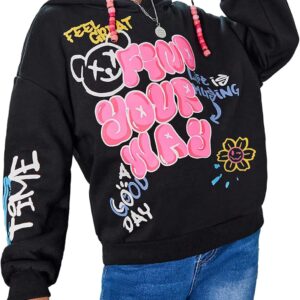 WDIRARA Girl’s Cartoon Letter Graphic Hoodie Drop Shoulder Long Sleeve Pullover Sweatshirt