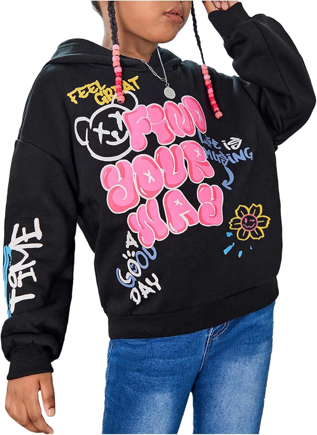 WDIRARA Girl's Cartoon Letter Graphic Hoodie Drop Shoulder Long Sleeve Pullover Sweatshirt