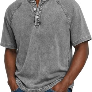 Distressed Henley Shirts for Men Short Sleeve Washed T Shirts Vintage Relaxed Fit Retro Wash Tshirt