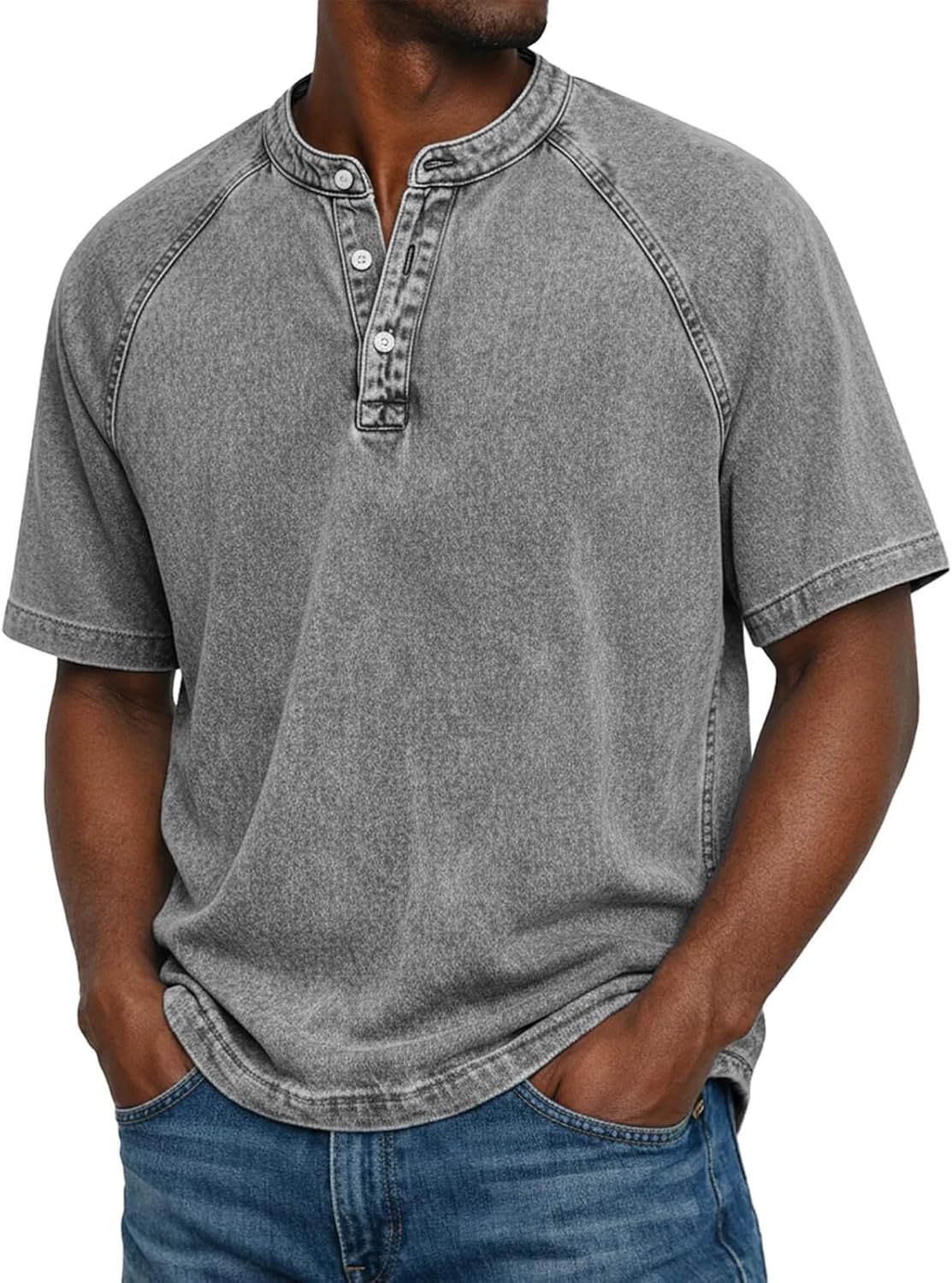 Distressed Henley Shirts for Men Short Sleeve Washed T Shirts Vintage Relaxed Fit Retro Wash Tshirt