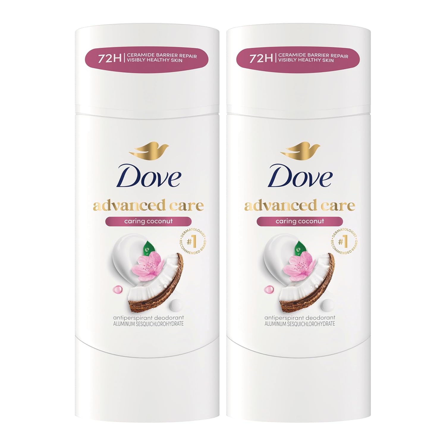 Dove Advanced Care Antiperspirant Caring Coconut, 2 Count Deodorant Stick for Women, for 48 Hour Protection And Soft And Comfortable Underarms, 2.6 oz