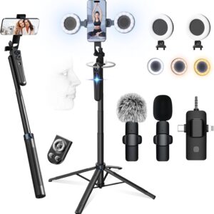 71″ Content Creator Essentials Vlogging Kit – 2 Lights & 2 Mics, 360° Rotating Auto Face Tracking Tripod for iPhone/Android/Camera with Wireless Remote, No App for Vlog, Live, Video Record