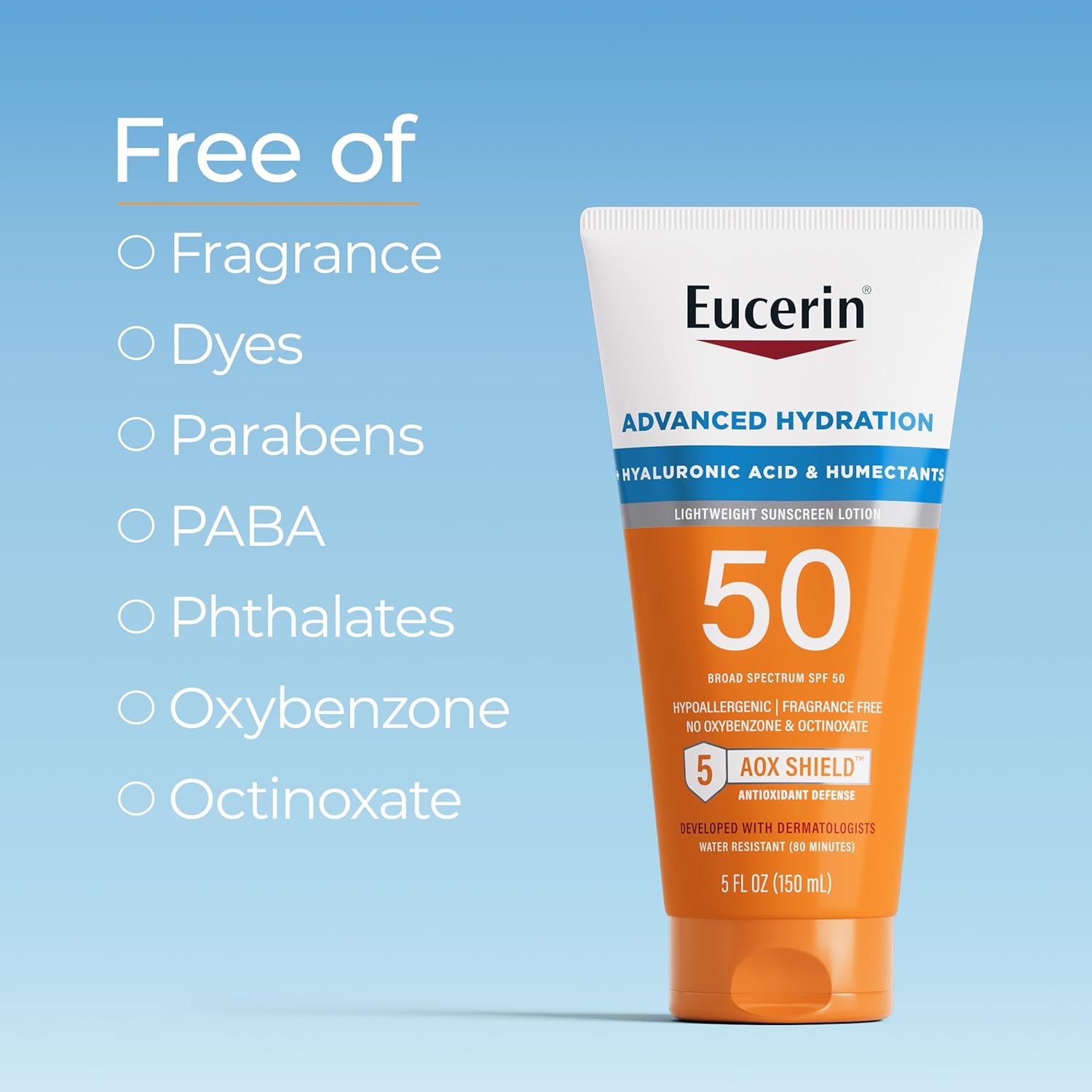 Eucerin Sun Advanced Hydration SPF 50 Sunscreen Lotion, Lightweight Sunscreen with Hyaluronic Acid and Humectants, Hypoallergenic, Fragrance Free, No Oxybenzone or Octinoxate, 5 Fl Oz Tube - Image 6