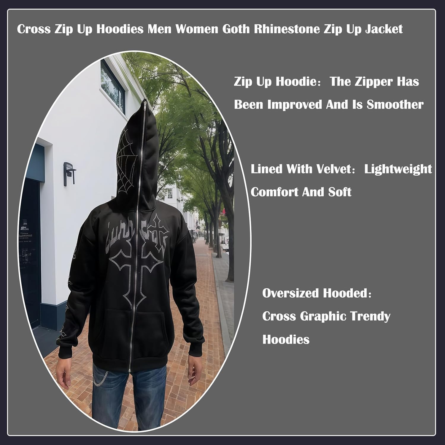 Rhinestone Hoodie Men Women Letter Graphic Gothic Hoodie Print Sweatshirt Full Zip Up Oversized Jacket - Image 3