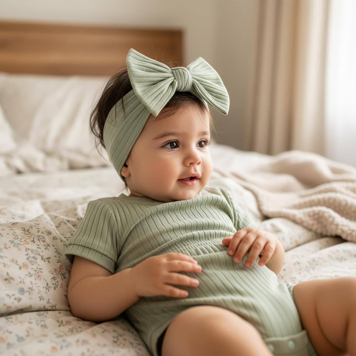 FOCUSNORM Baby Girl Summer Clothes Ribbed Short Sleeve Romper Solid Color Bodysuits Bow Headband Outfit Newborn Girl Jumpsuit - Image 4