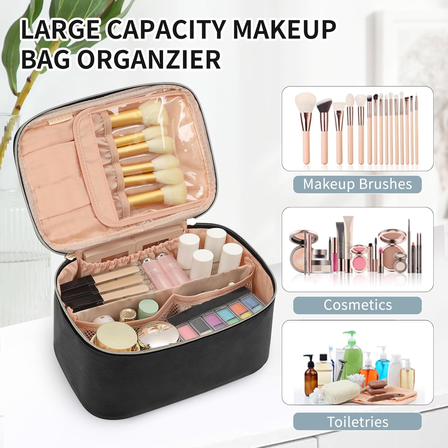OCHEAL Makeup Bag, Portable Cosmetic Bag, Large Capacity Travel Makeup Case Organizer, Black For Women Toiletry Bag for Girls Traveling With Handle and Divider - Image 7