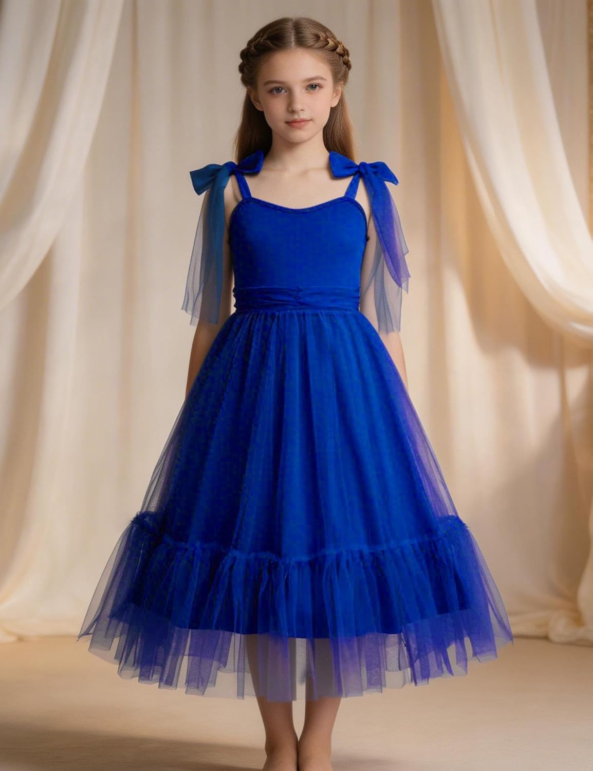 Arshiner Girls Dresses Summer Sleeveless Bow-Tie Straps Birthday Party Long Tulle Dress - Image 2