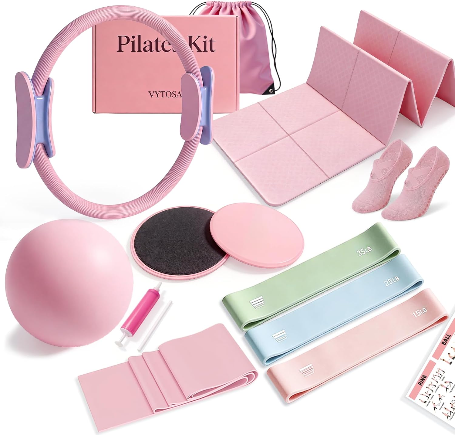 Pilates Kit with Foldable Pilates Mat,Portable Home Pilates Kit Workout,Lightweight Pilates Set for Travel & Small Spaces,14.5" Pilates Ring and Ball,Resistance Bands & Core Sliders,Gift for Mom,Pink