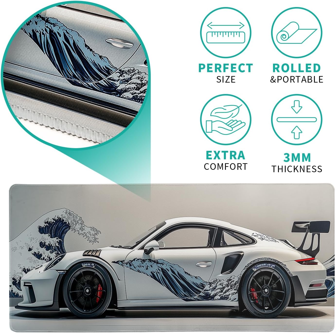 White Ukiyo-e Style Sports Car Large Gaming Mouse Pad Desktop Mat 31.5x11.8 Inch - Non-Slip Rubber Base - for Gamers - Perfect for Gamers & PC Enthusiasts - Image 5