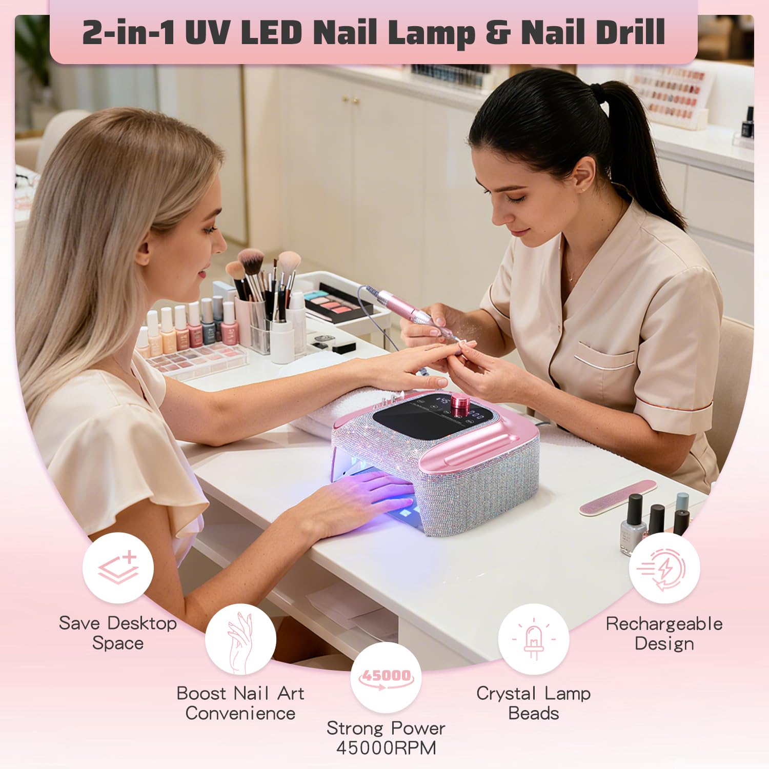 2-in-1 Rechargeable Cordless UV LED Nail Lamp & Electric Nail Drill Kit with Auto Sensor, LCD Display,45000 RPM Professional Gel Nail Dryer Machine for Home Salon Use & Training Nail Art Practice - Image 2