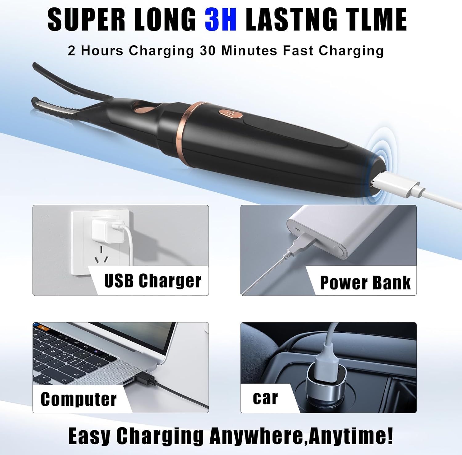 Heated Eyelash Curlers - 2 in 1 Clip- Type Heated lash Curler Best Seller Electric Eyelash Curler LED Display 3 Temp Settings for Makeup Tools USB Rechargeable Natural Curling 24H Long Lasting QI1 - Image 6