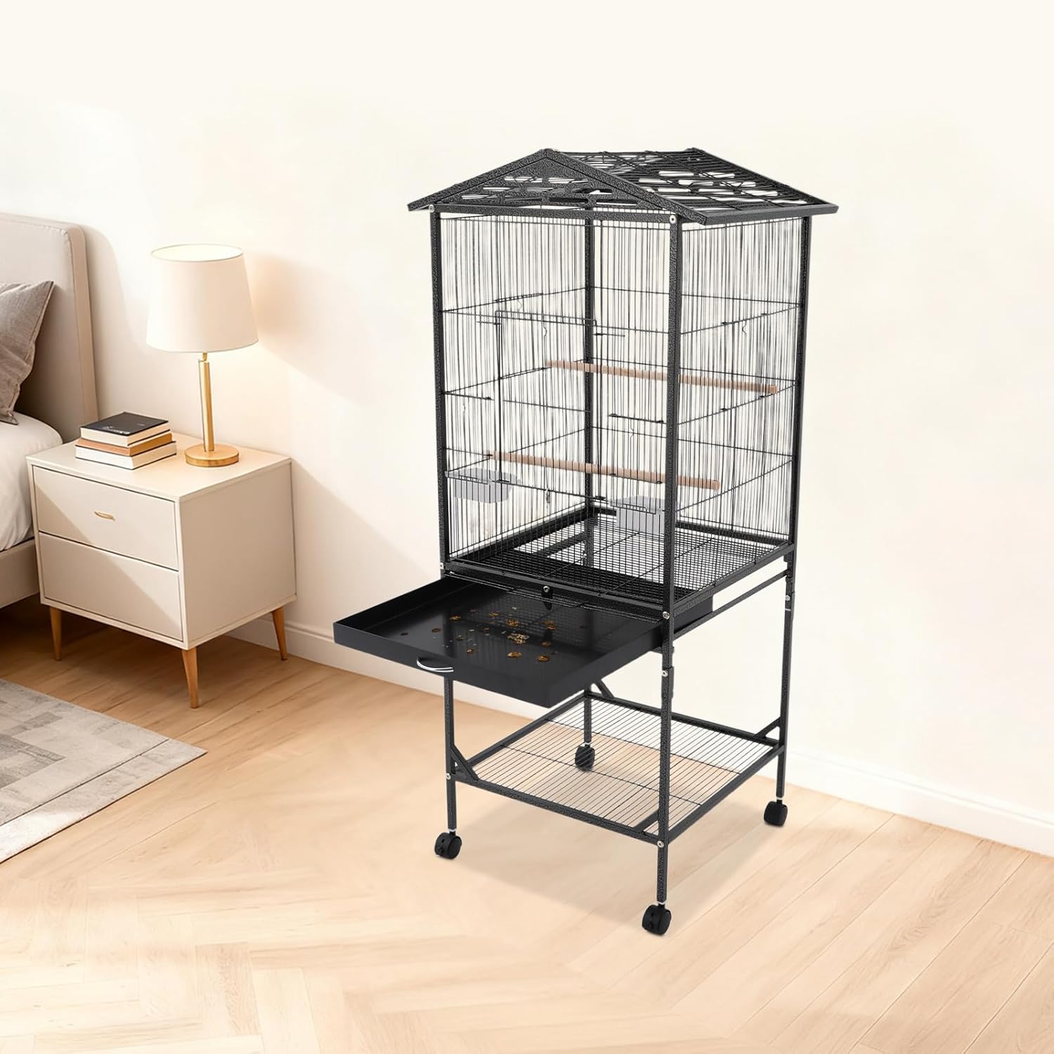 Extra Large Bird Cage, 49Inch Wrought Iron Bird Cage 360° Full Hollow Design with Universal Wheels for Parakeets Canaries Cockatiels Lovebirds 18.11×18.11×49.21 Inch (Black) - Image 5