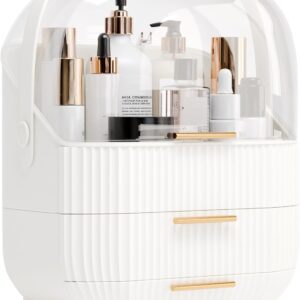 lurcns Makeup Organizers and Storage, Make up Organizer for Vanity Cosmetics Skincare Organizers With Lid and Drawers Display Cases for Countertop（White）
