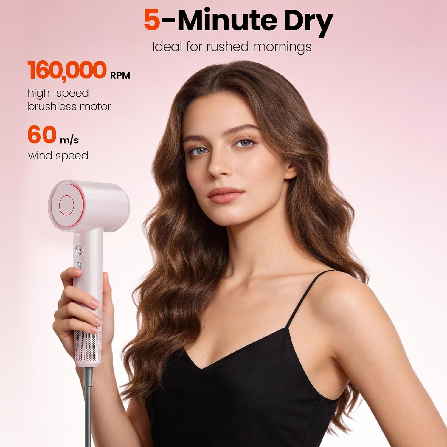 Hair Dryer, 160,000 RPM High-Speed Ionic Blow Dryer with Brushless Motor for Fast Drying, 500 Million Ions Frizz Control, Low Noise Hairdryer with Magnetic Diffuser & Nozzle for Curly Hair Home Travel - Image 2