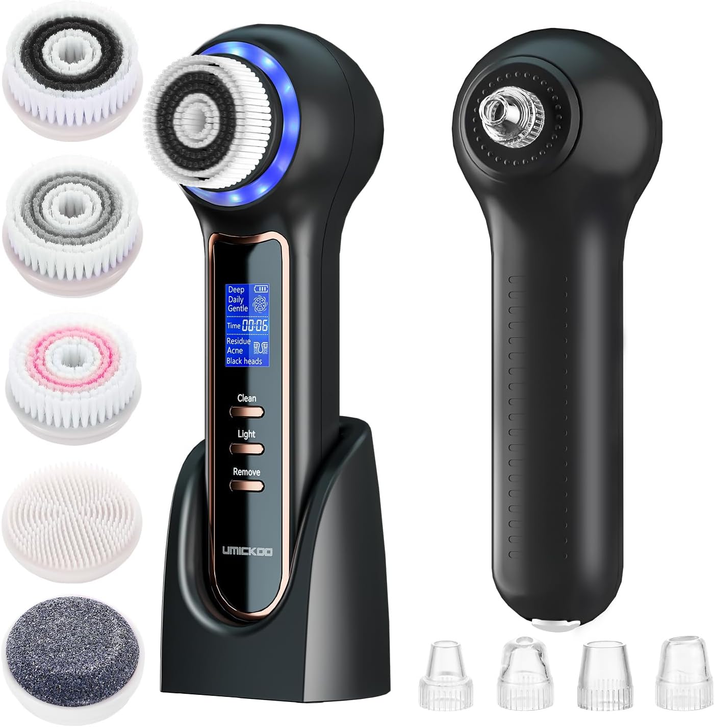UMICKOO Electric Facial Cleansing Brush with LCD Screen, 3-in-1 Face Scrubber & Optional Blackhead Remover, Rechargeable, IPX7 Waterproof, Gentle Daily & Deep Cleaning for All Skin Types