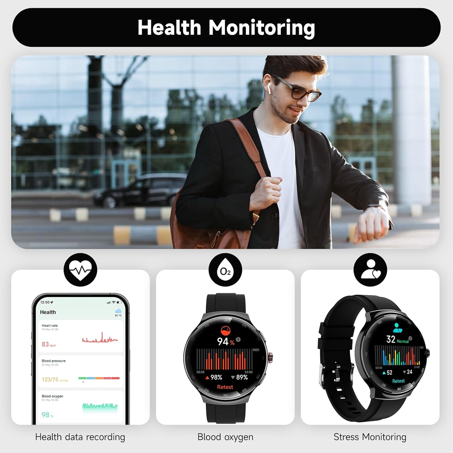 Smart Watches for Men Women, 1.43'' AMOLED Touchscreen Smartwatch for Android & iPhone, 150+ Sports Modes, Waterproof Fitness Tracker, Heart Rate/SpO2/Stress/Sleep Monitor, 2 Bands, Black - Image 4