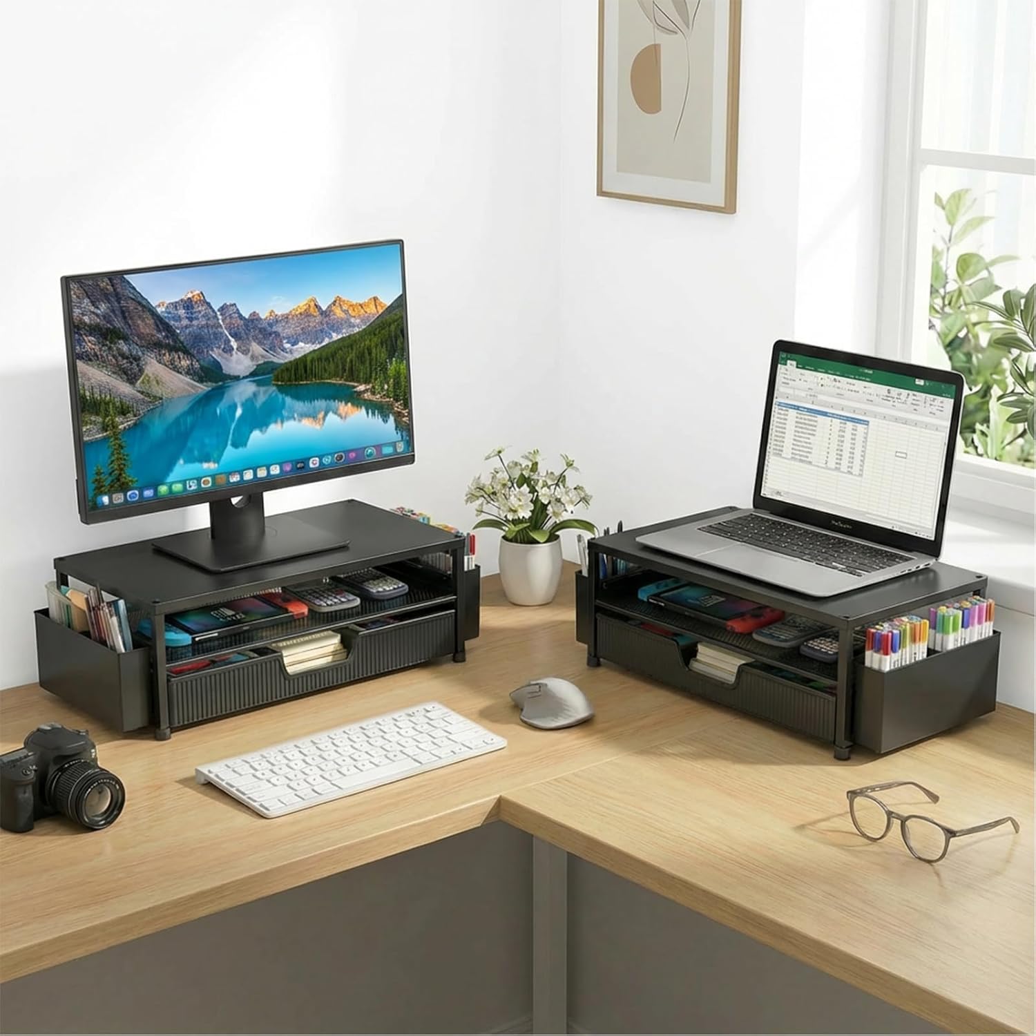 ECOLOVI Desk Organizer and Accessories, 2-Tier Computer Monitor Stand Rise with Storage Drawer & 2 Pen Holders, Laptop & Printer Stand for Desktop, Workspace Organizers for Office Supplies (Black) - Image 6