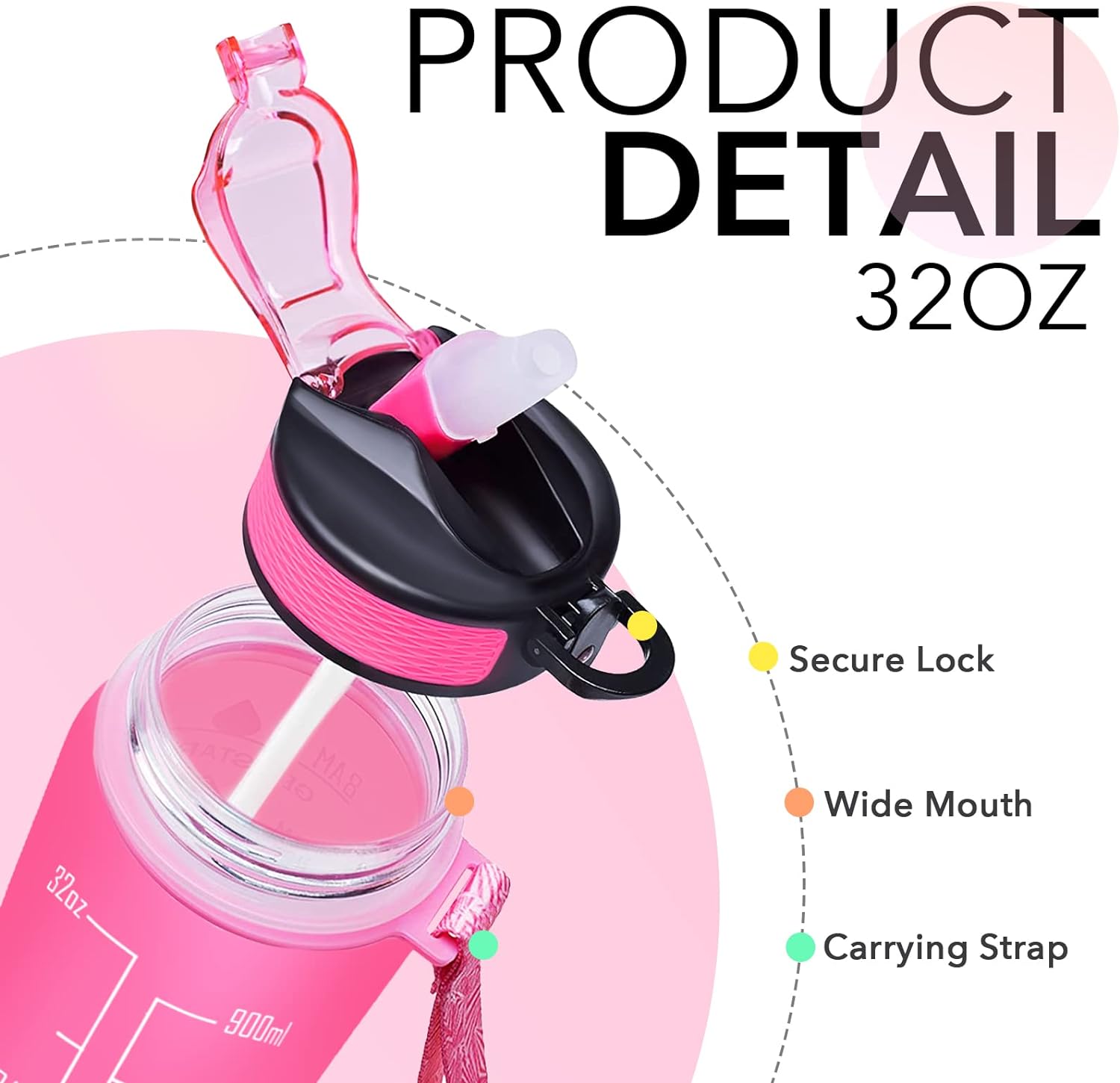 Hyeta 32 oz Water Bottles with Times to Drink and Straw, Motivational Water Bottle with Time Marker, Leakproof, Drinking Sports Water Bottle for Fitness, Gym and Outdoor - Image 4